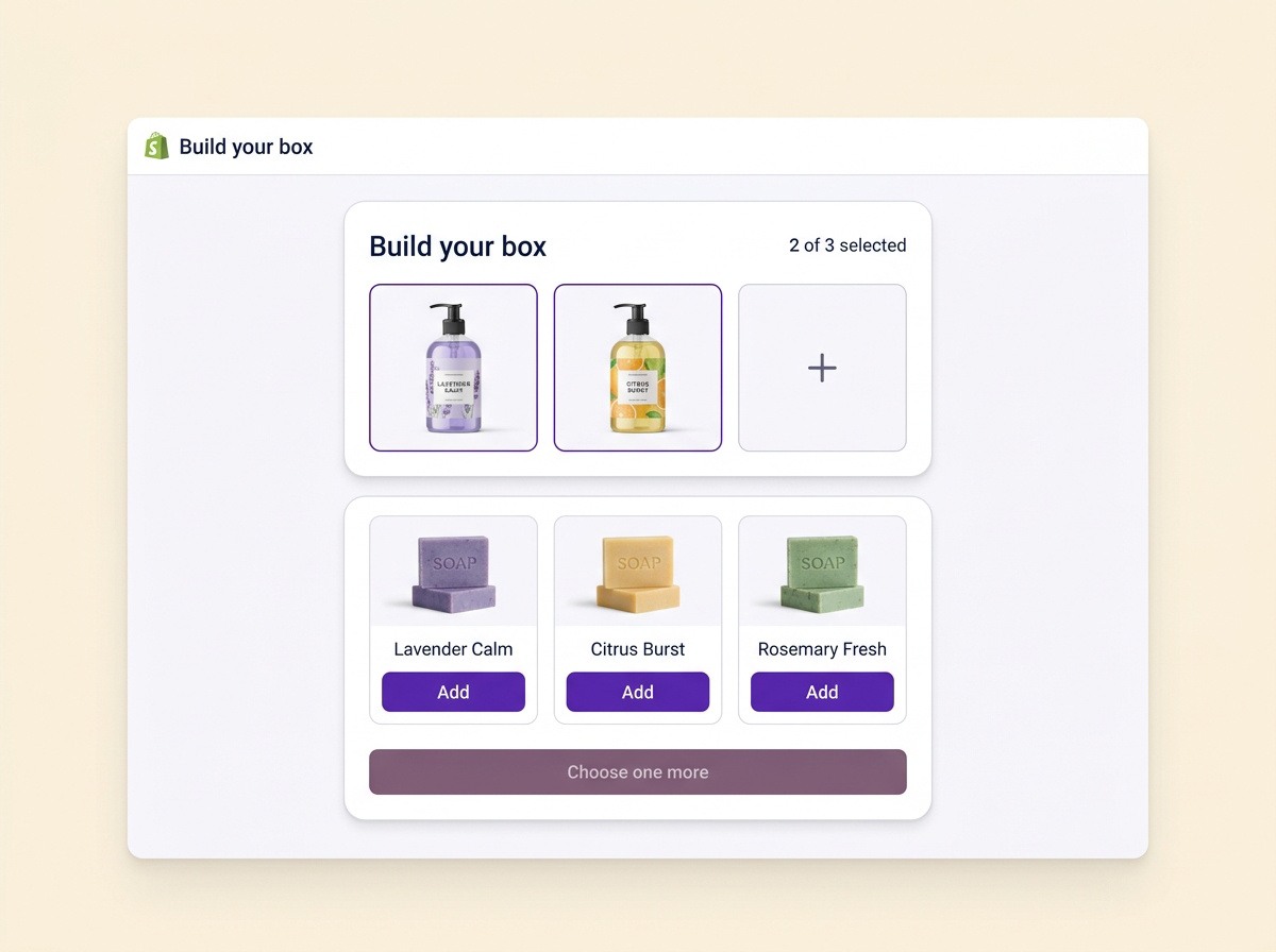 A build-your-box selector with two of three slots filled and one remaining.