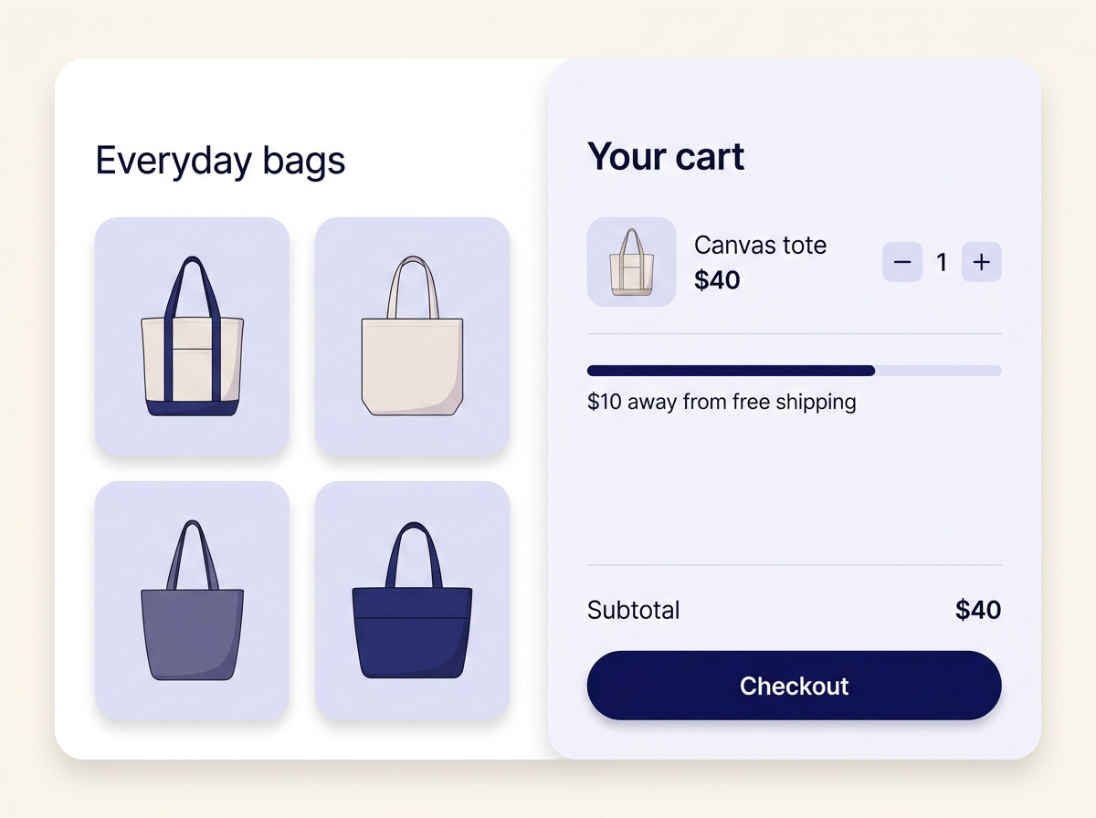 An open storefront cart drawer with quantity controls, shipping progress, subtotal and a prominent checkout button.