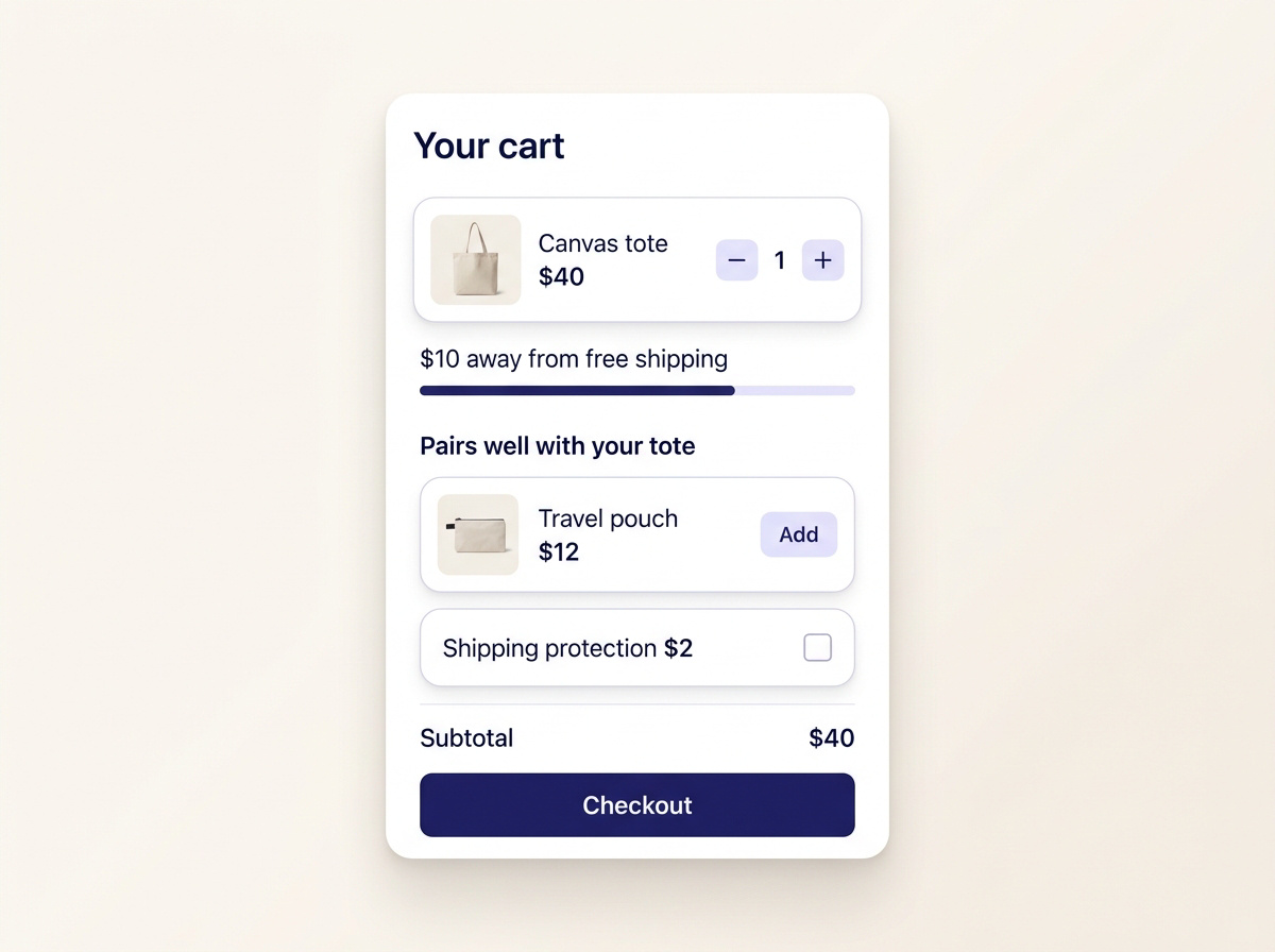 Cart drawer showing a single travel pouch offer, a shipping bar and an unchecked shipping-protection option.