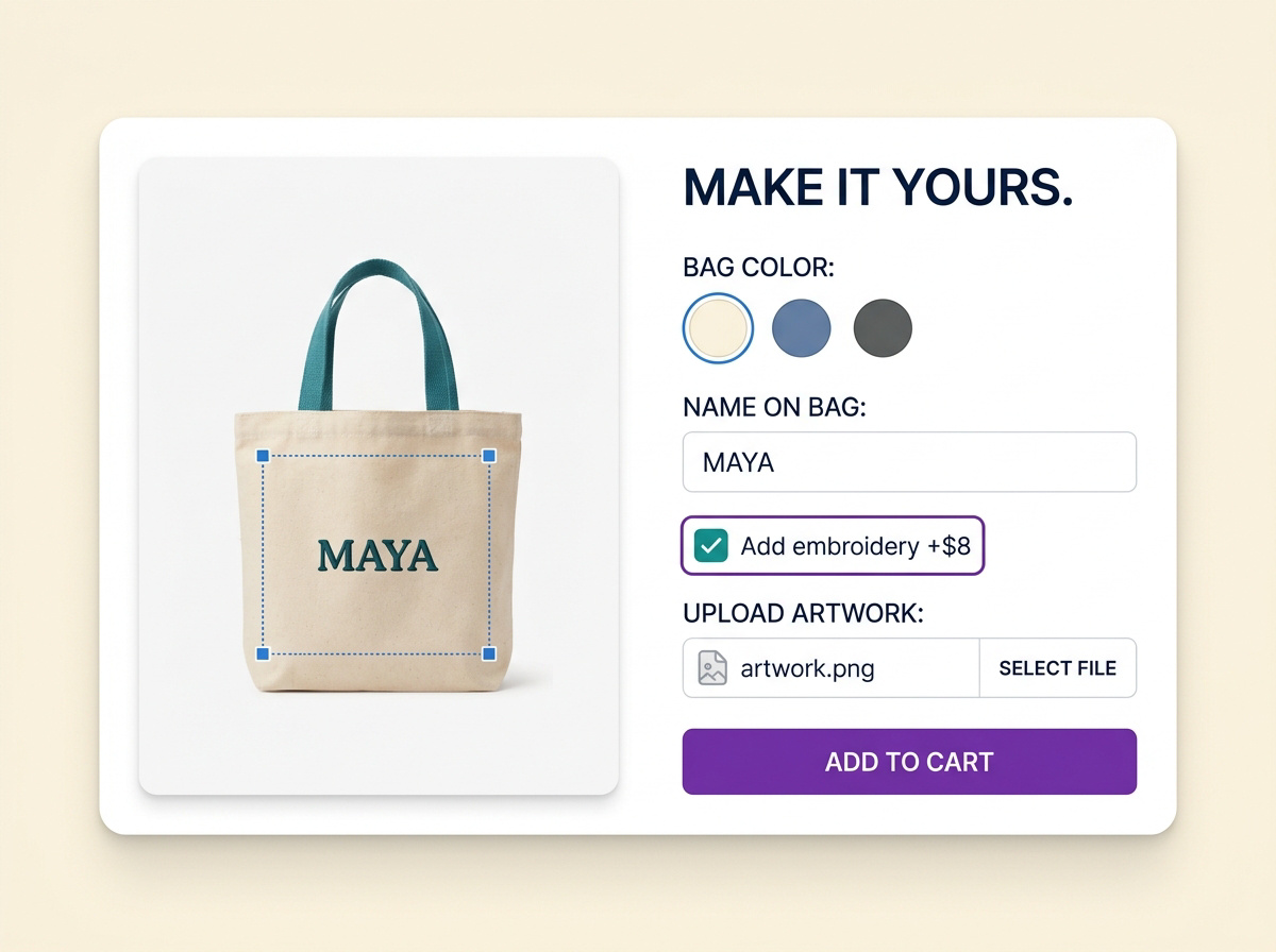 A tote personalization form with color choices, a name field, artwork upload and an $8 embroidery option.