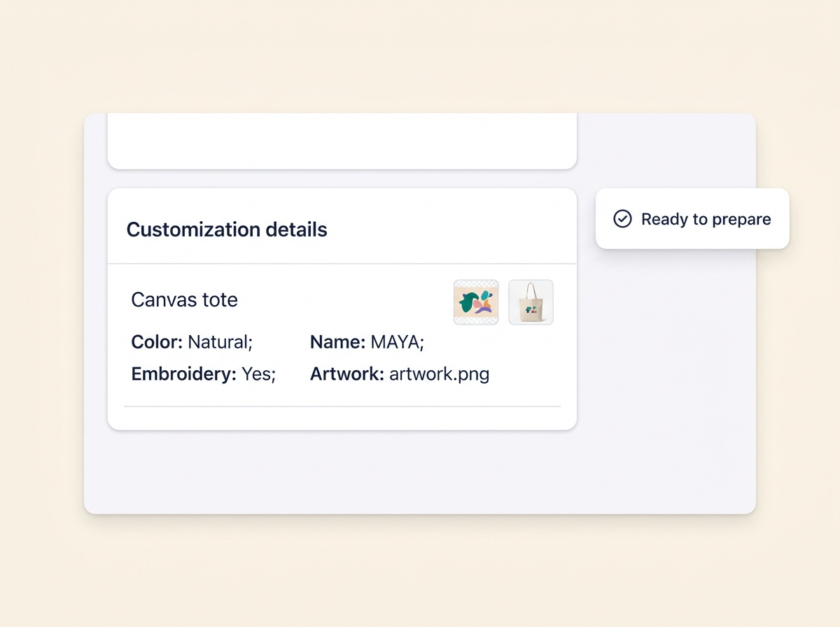 Order customization details showing Natural color, MAYA name, embroidery and attached artwork.