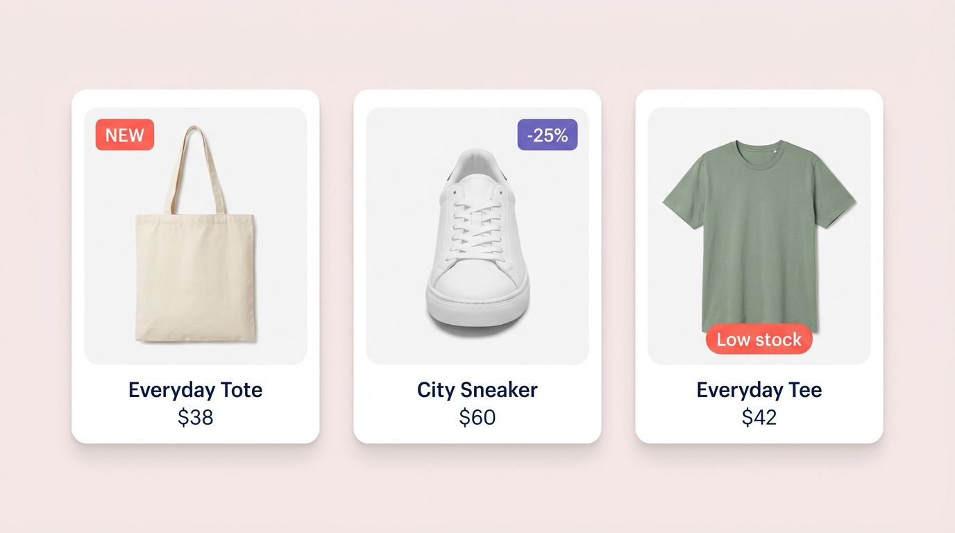 Three product cards with New, 25 percent off and Low stock badges attached to their product photos.