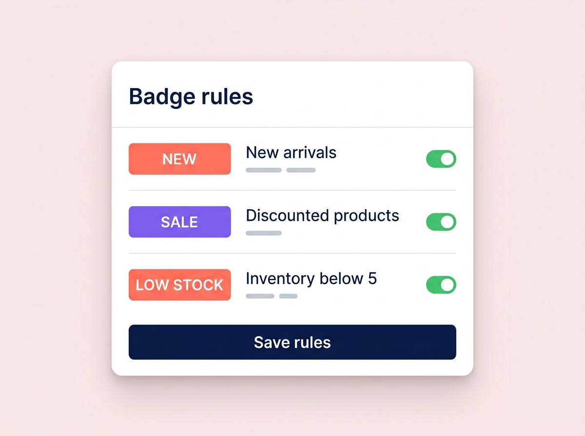 Badge rules panel with new arrival, discounted product and low-stock conditions.