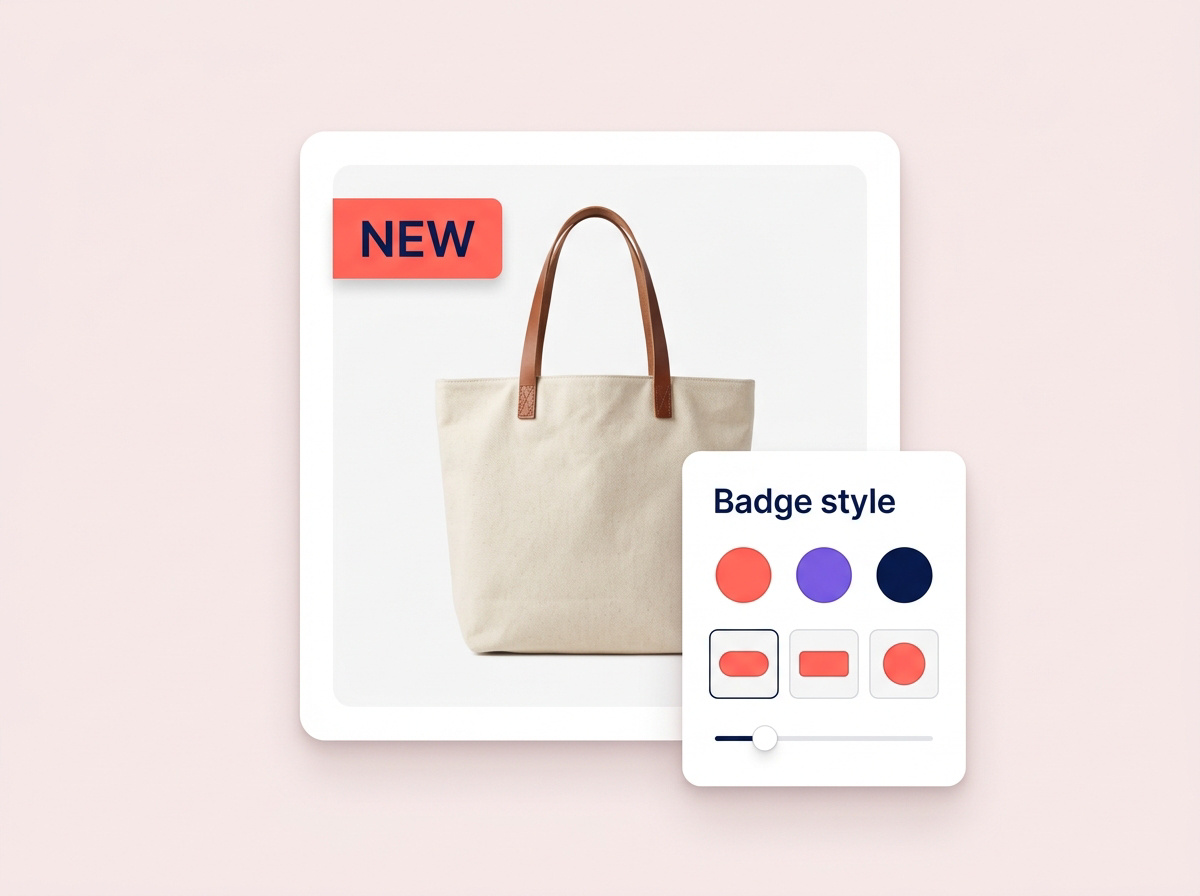 Product card with a New badge and a badge style panel showing colors and label shapes.