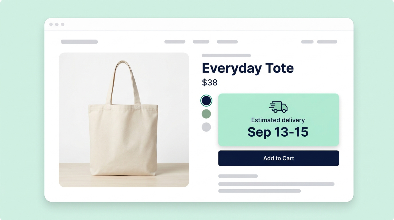 Shopify product page with a visible estimated delivery window directly above Add to cart.