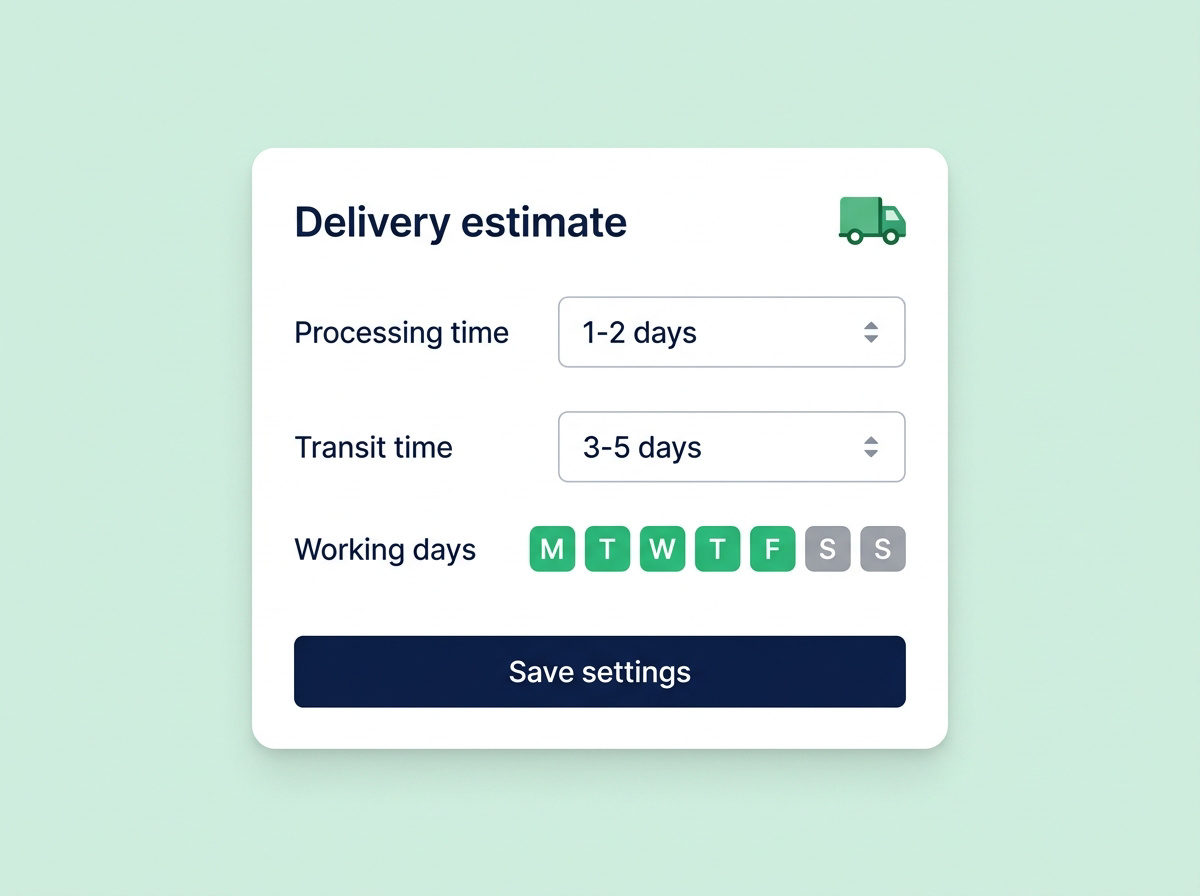 Delivery settings with processing time, transit range and weekday controls.