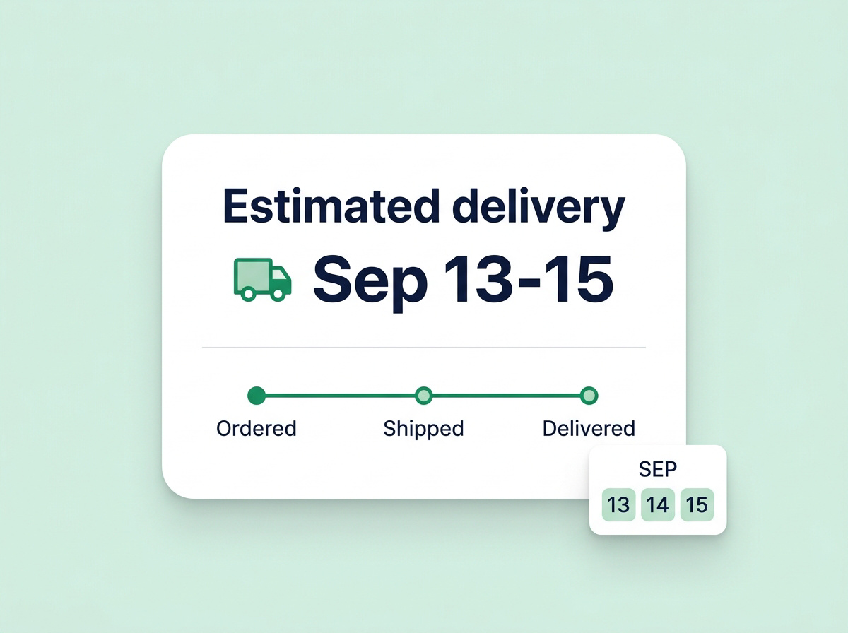 Delivery estimate widget showing September 13 to 15 with an order-to-delivery timeline and calendar.