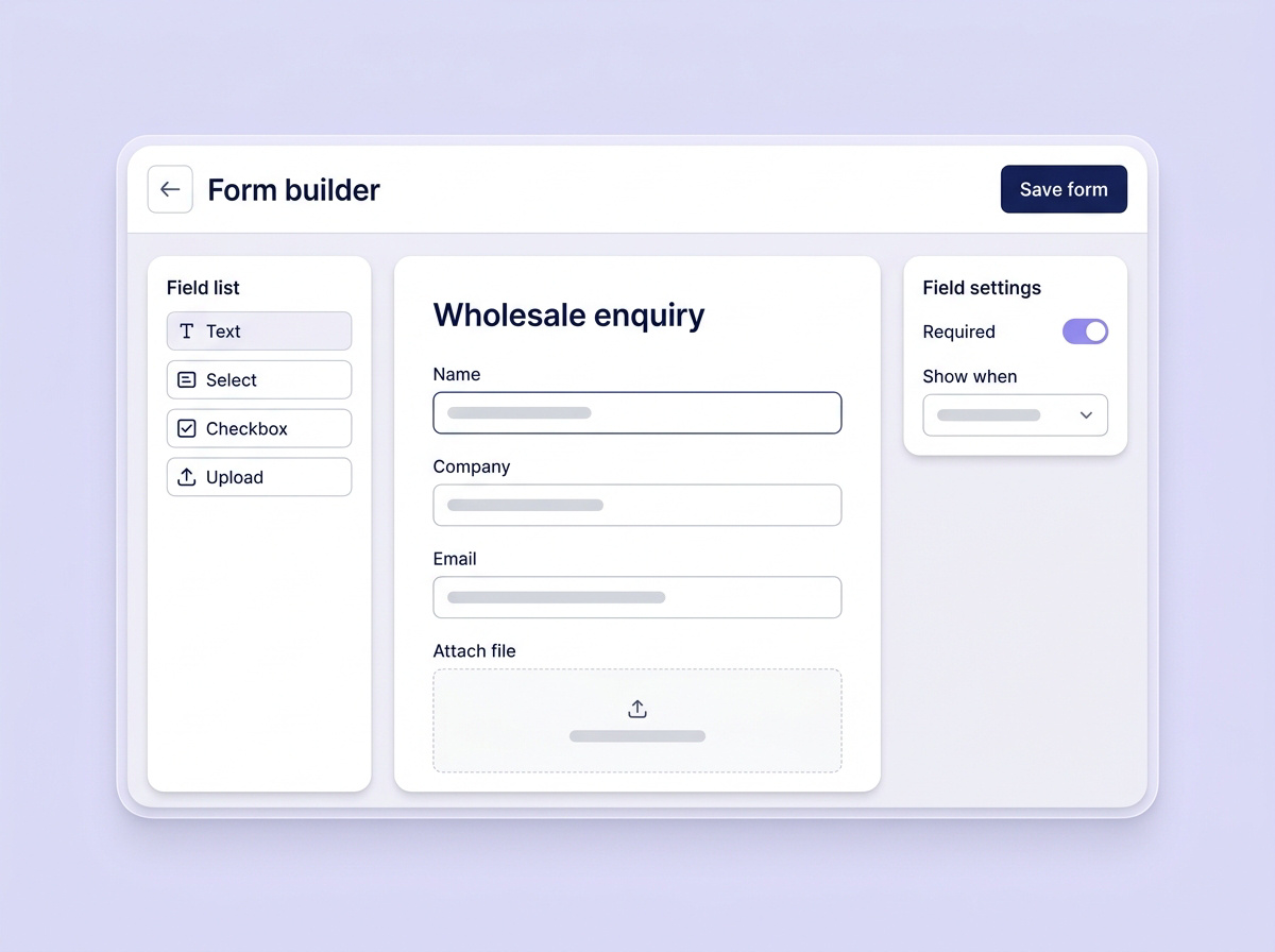 Smart Forms builder with field types, form preview and field settings.