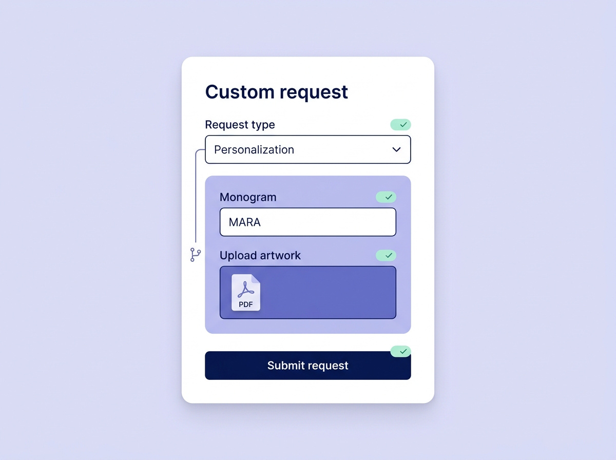 Conditional form fields for a personalization request, with monogram and artwork upload.
