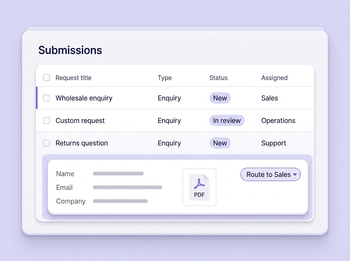 Submission inbox with statuses, assignments and attachment details.