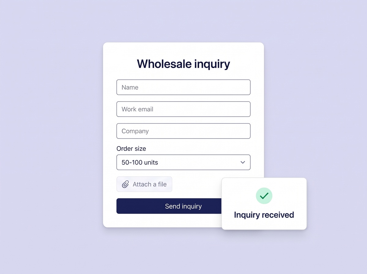 Wholesale inquiry form with fields, file upload and confirmation.