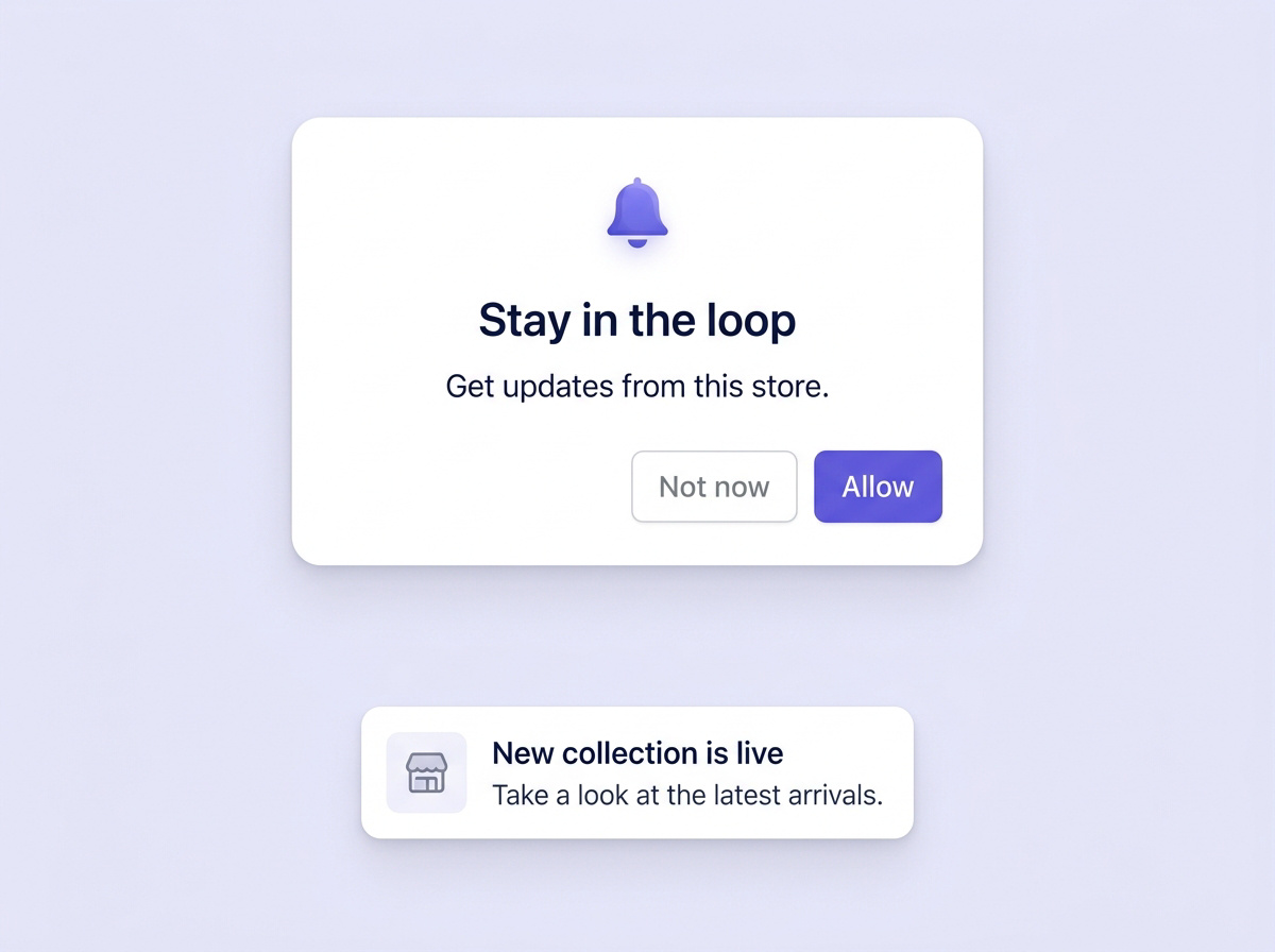 Browser notification opt-in followed by a new collection notification.