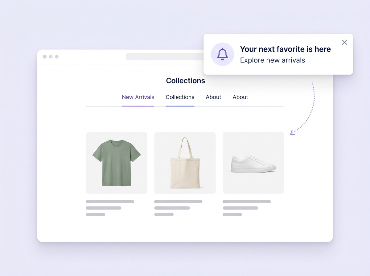 A browser notification points a shopper back to a store's new arrivals collection.
