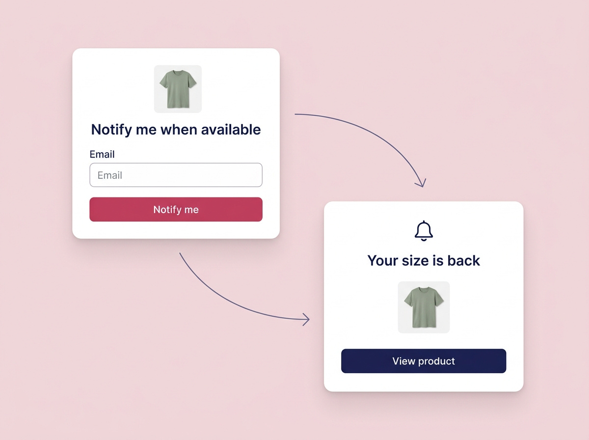 Restock email signup followed by a message inviting the shopper back to the available product.