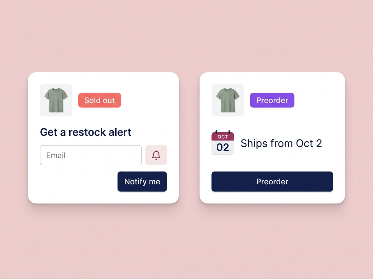 Two options for unavailable products: a restock email signup and a preorder with a stated dispatch date.