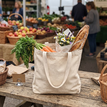 The tote filled with vegetables and flowers at a market