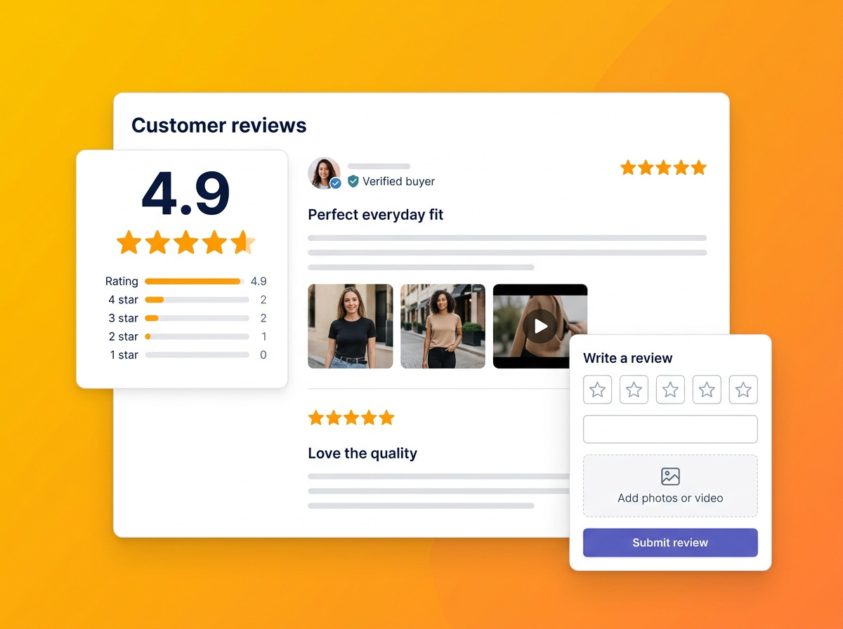 Product reviews interface with a rating summary, written feedback, customer photos, video and a review submission form.