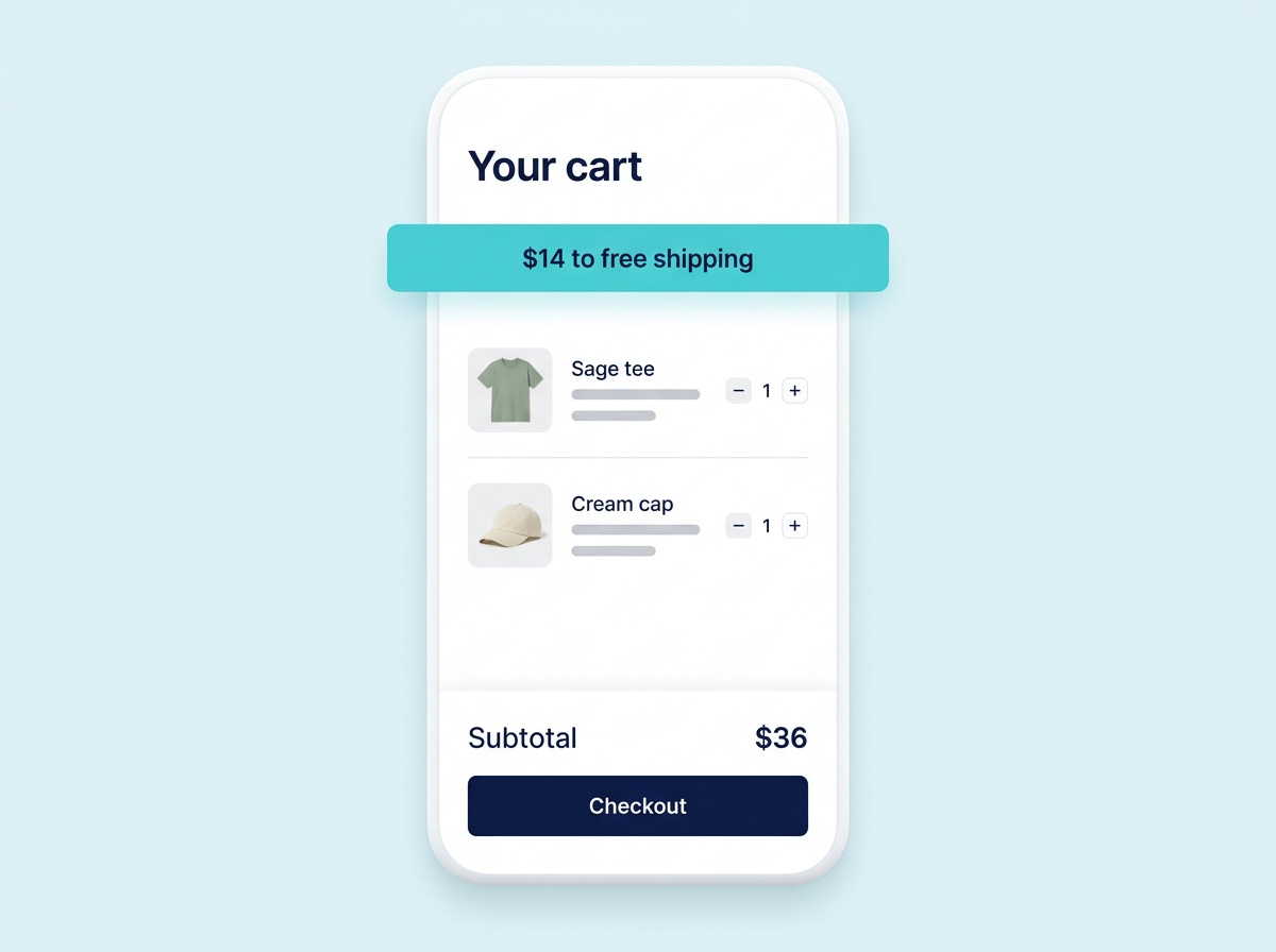 Cart interface with a free shipping reminder above the item list and checkout.