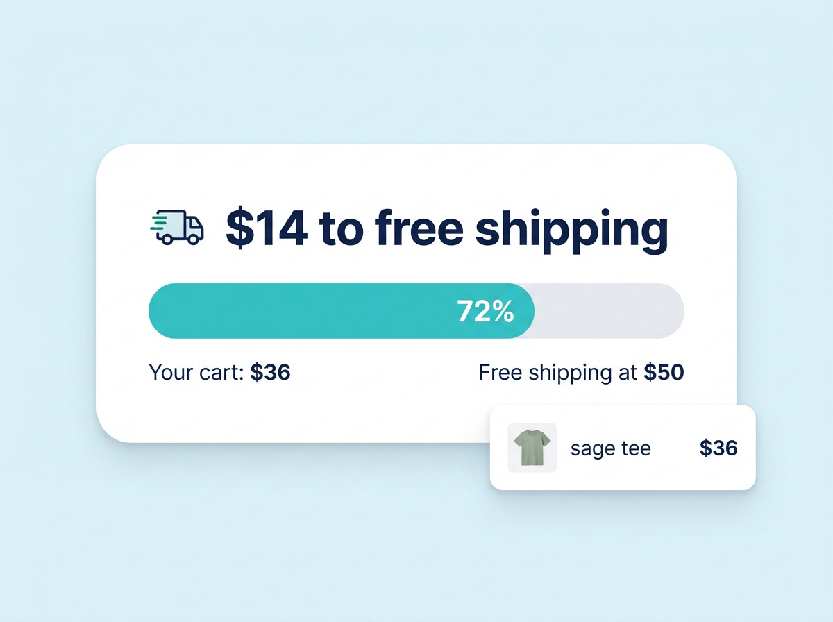 Free shipping progress bar showing a 36 dollar cart, a 50 dollar threshold and 14 dollars remaining.