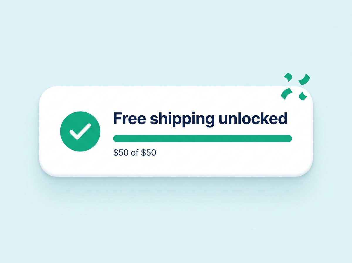 Completed emerald progress bar with a check mark and Free shipping unlocked message.