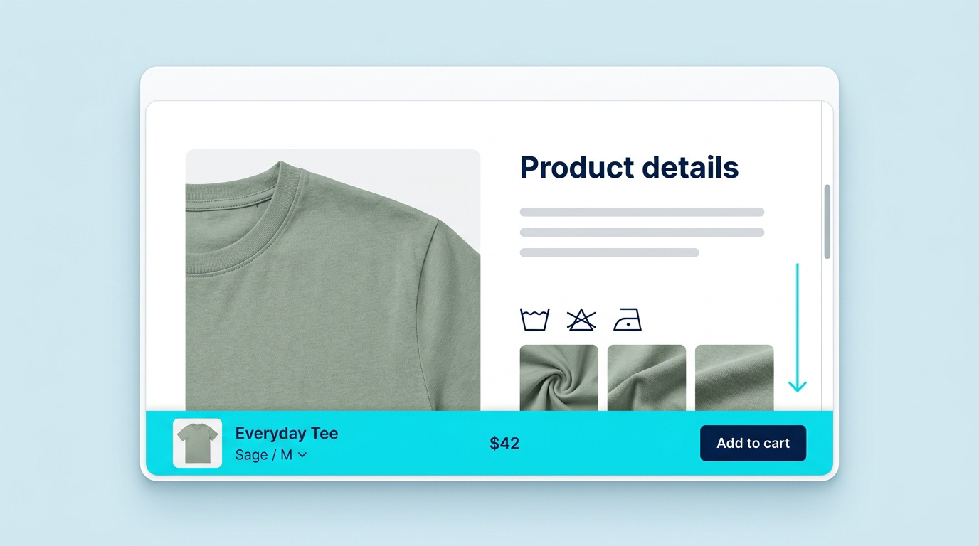A Shopify product page scrolled to product details with a turquoise add-to-cart bar pinned to the bottom of the browser.