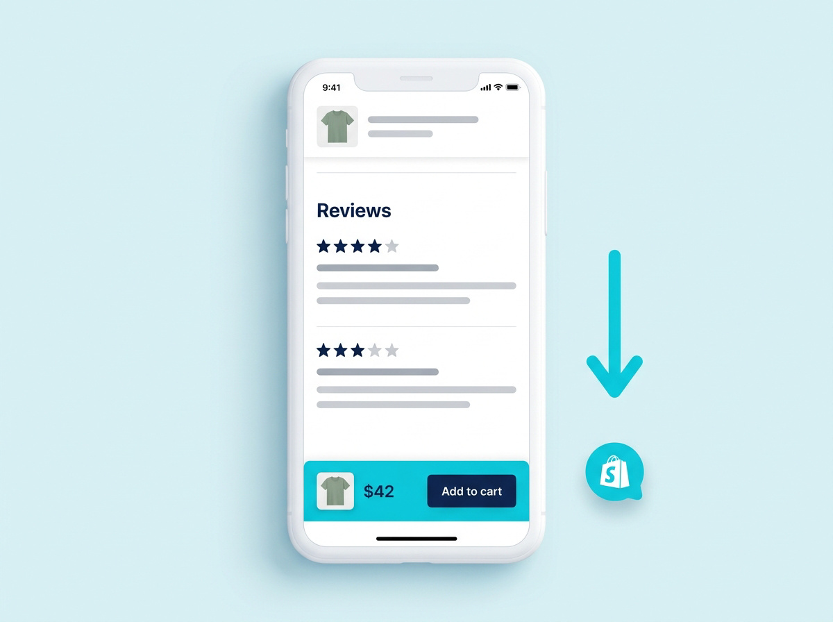 A mobile product page showing reviews while the price and Add to cart button remain pinned at the bottom.