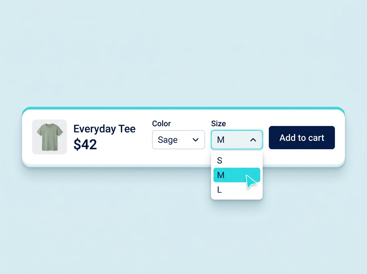 A sticky cart bar showing product thumbnail, price, color and size selectors with the size dropdown open.