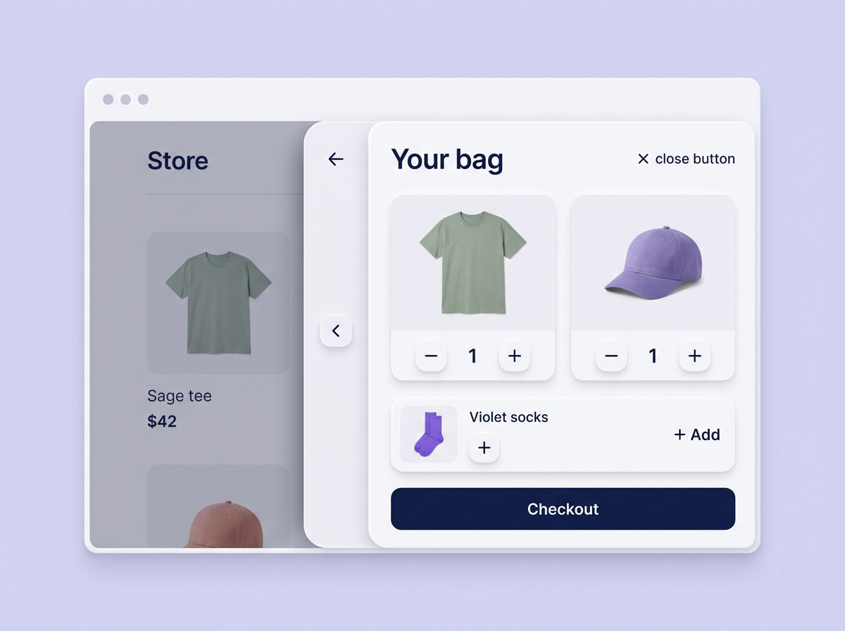 A cart drawer slides over a dimmed storefront, with item quantity controls, an add-on offer and checkout.