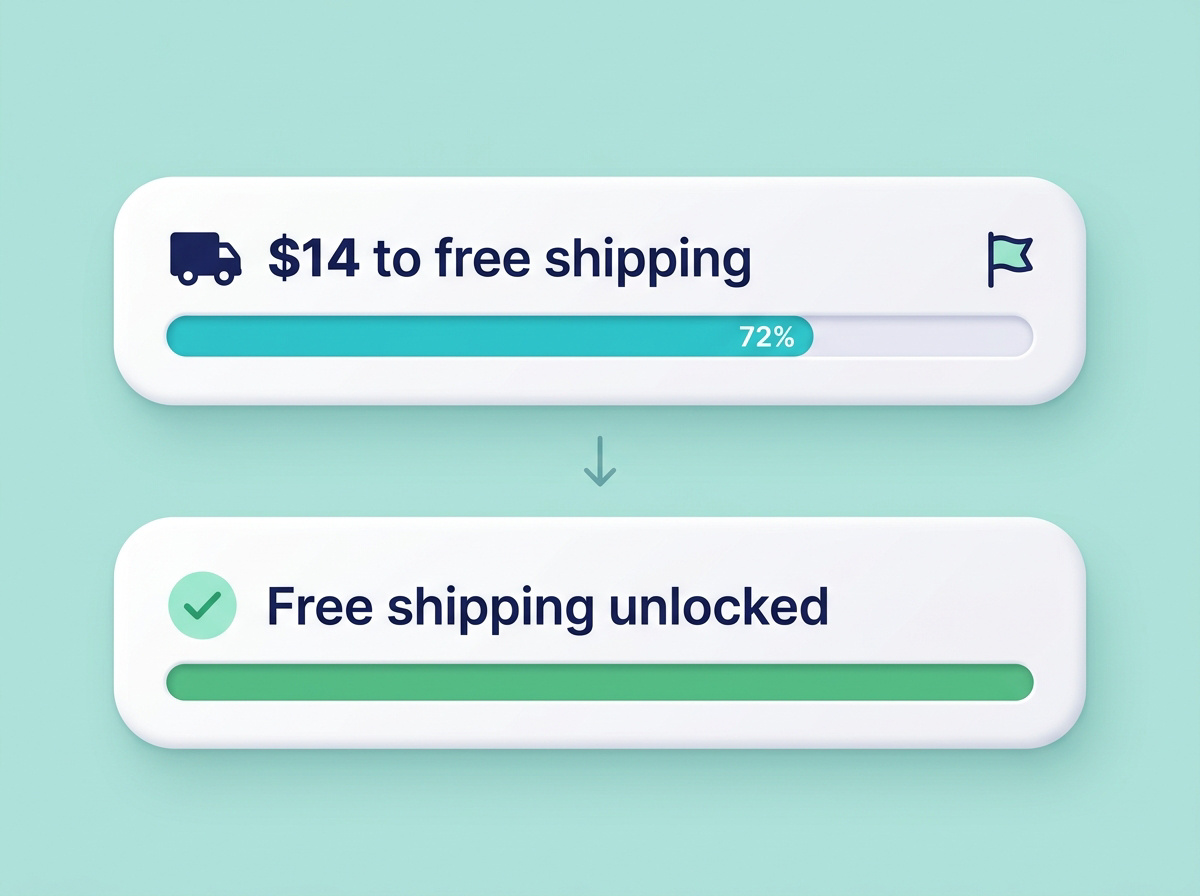 A shipping bar fills from $14 remaining to a completed green bar announcing free shipping unlocked.