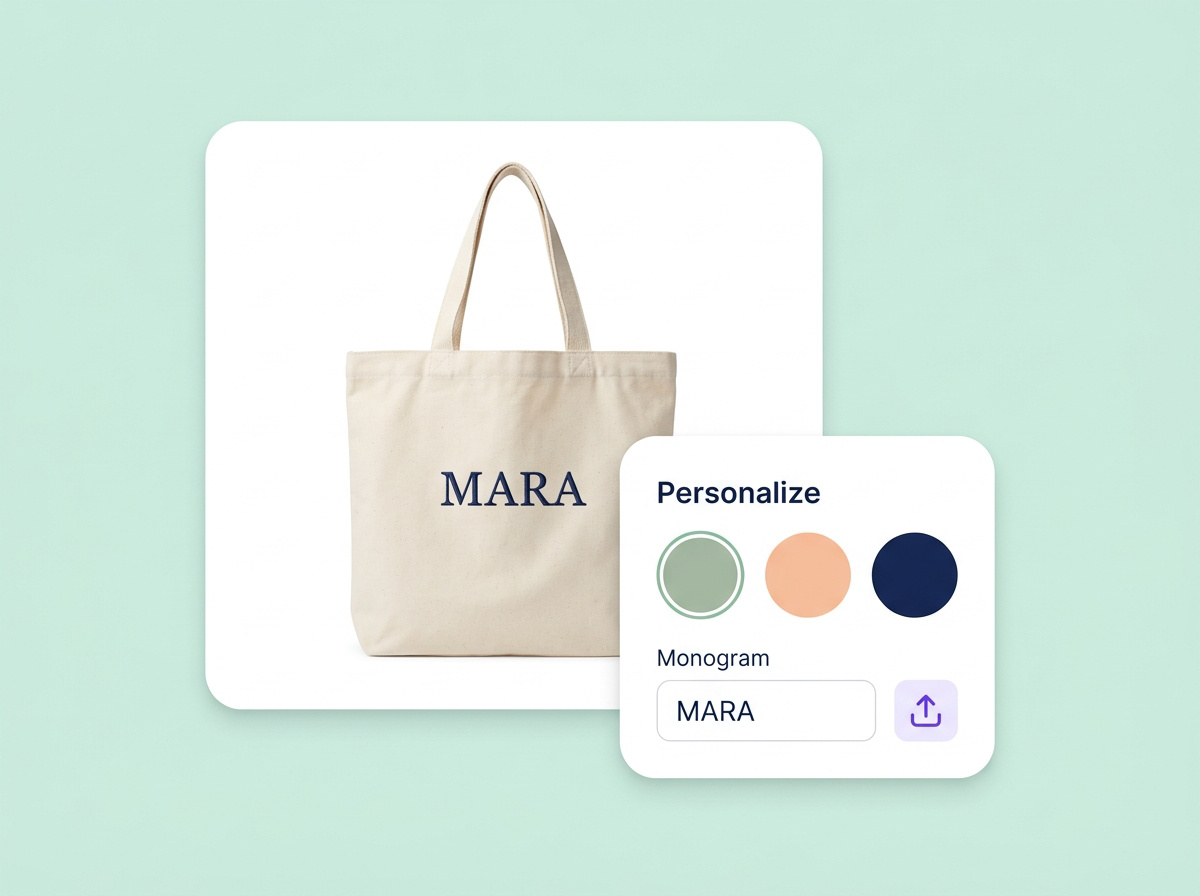 A personalized tote with monogram, color swatches and an artwork upload option.