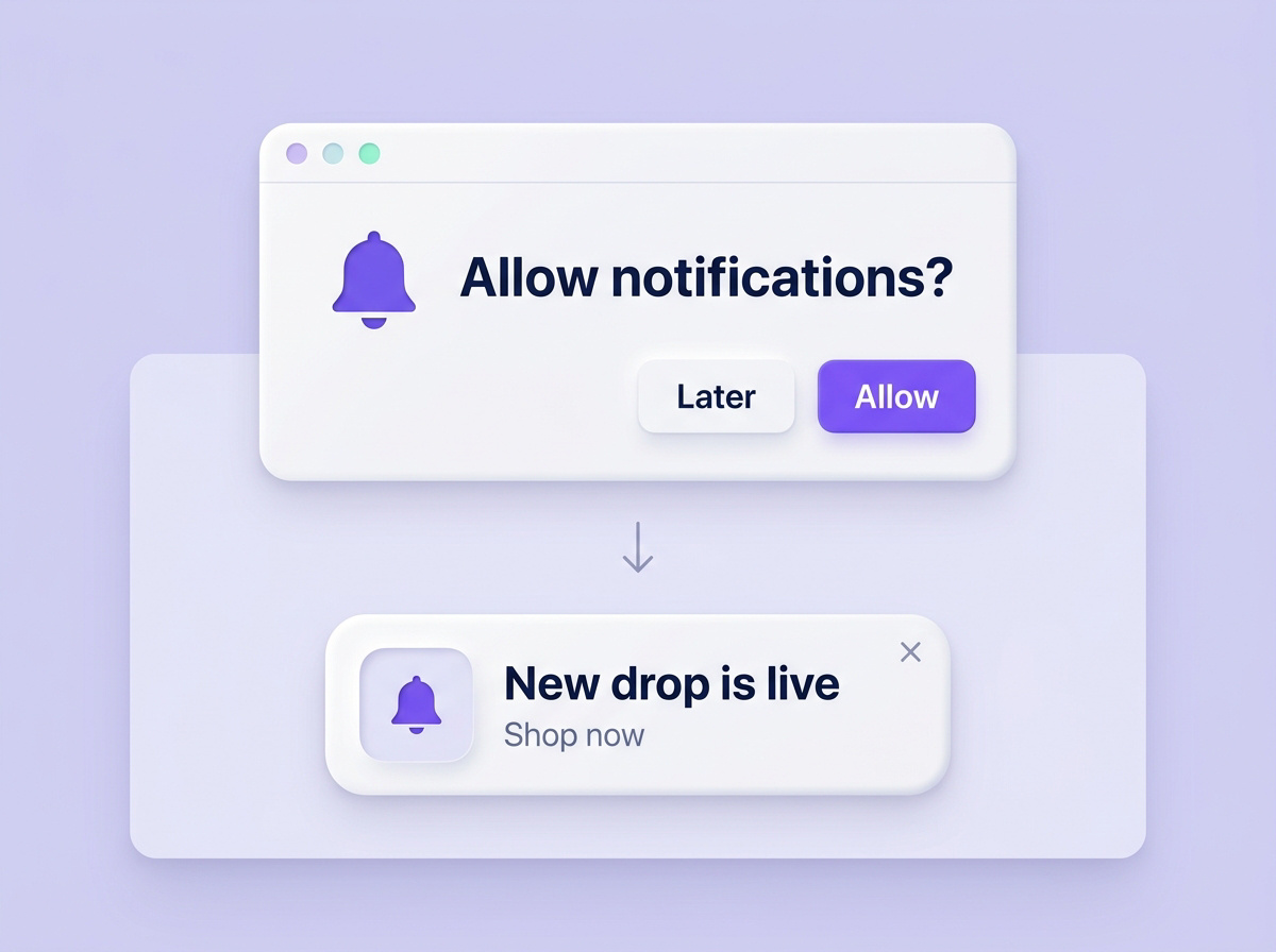 A browser permission prompt with an Allow button leads to a new-product push notification.