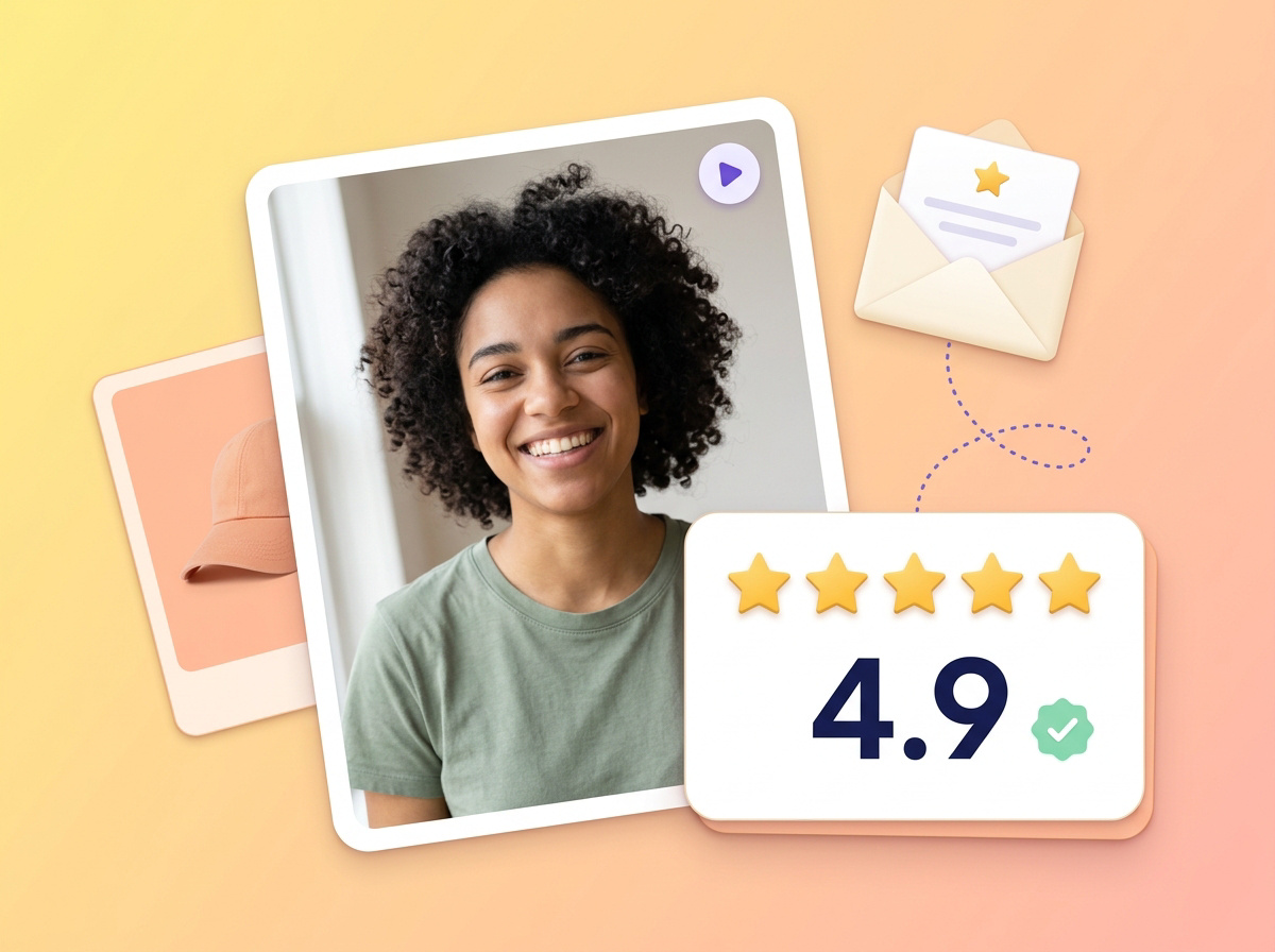 A customer video portrait and product photo, paired with a verified five-star review and an automated review-request email.