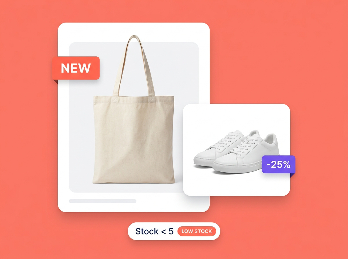 Product photos with new, sale and low-stock merchandising badges.