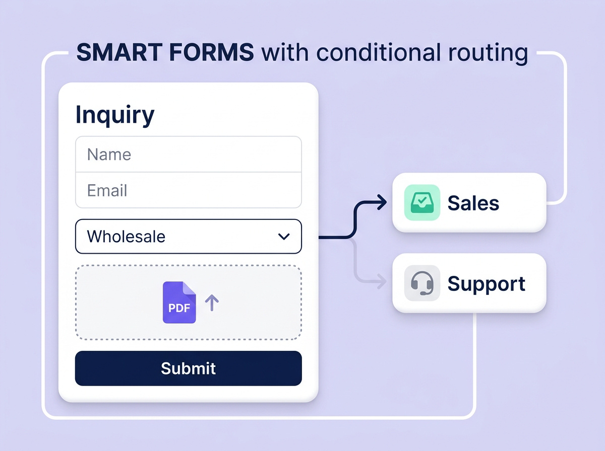An inquiry form with name, email, wholesale selection and PDF upload branches to Sales or Support.