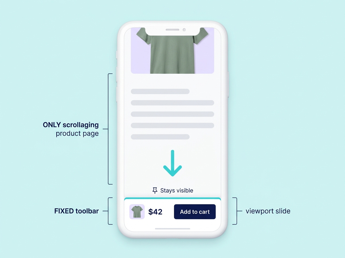 A scrolled product page with a downward scroll arrow and an add-to-cart bar pinned to the bottom of the screen.