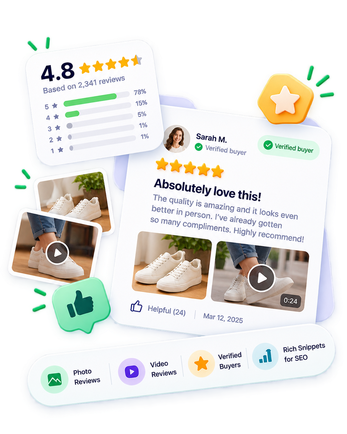 A customer video portrait and product photo, paired with a verified five-star review and an automated review-request email.