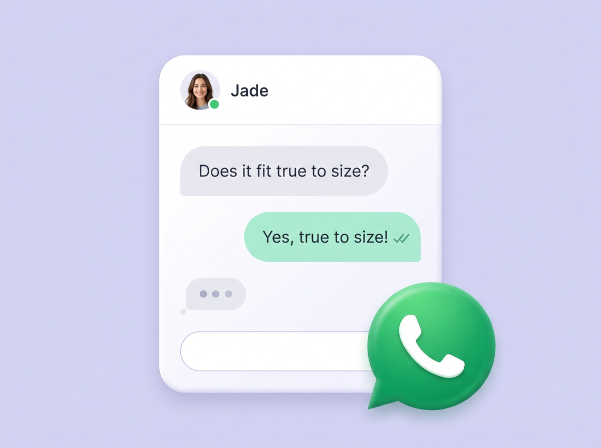 A shopper asks about sizing and receives a friendly response in a WhatsApp store-support chat.