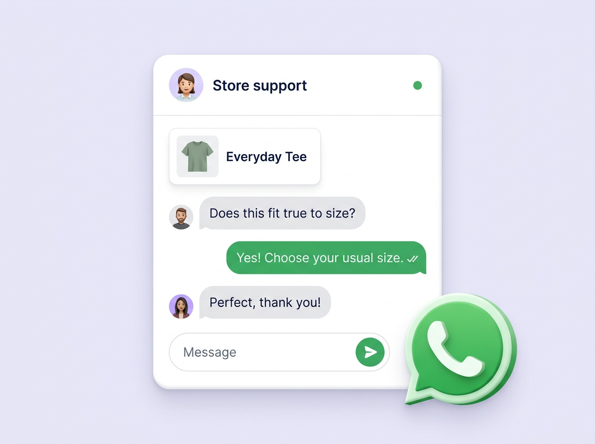 Store support conversation answering a shopper's sizing question in WhatsApp.