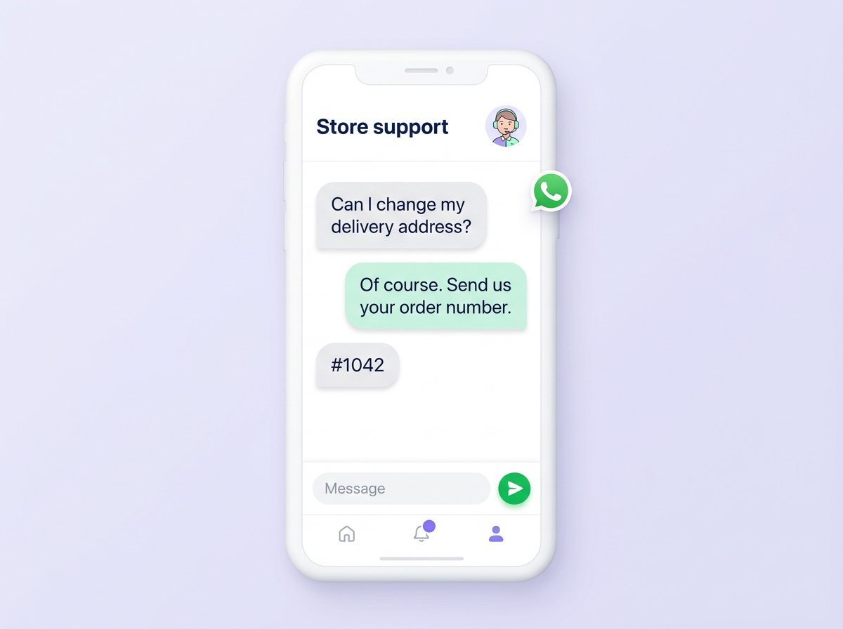 A mobile WhatsApp conversation about updating an order's delivery address.