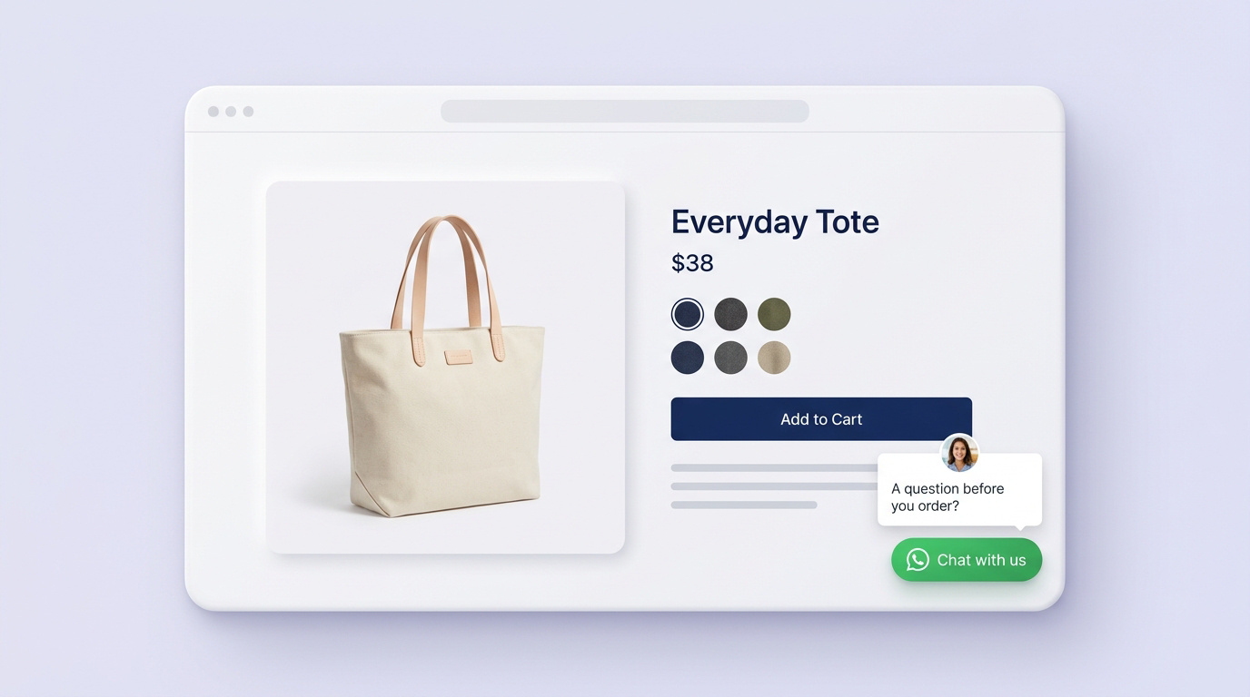 Shopify product page with a WhatsApp chat launcher and a greeting in the bottom-right corner.